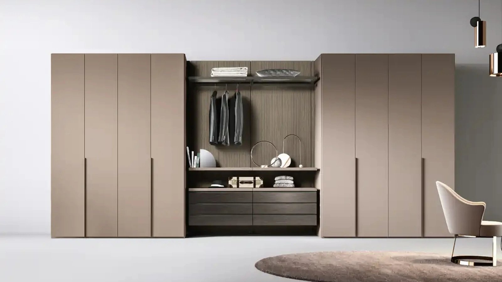 Cabina armadio Gemini G225 tra due armadi a muro di Moretti Compact Giorno Notte