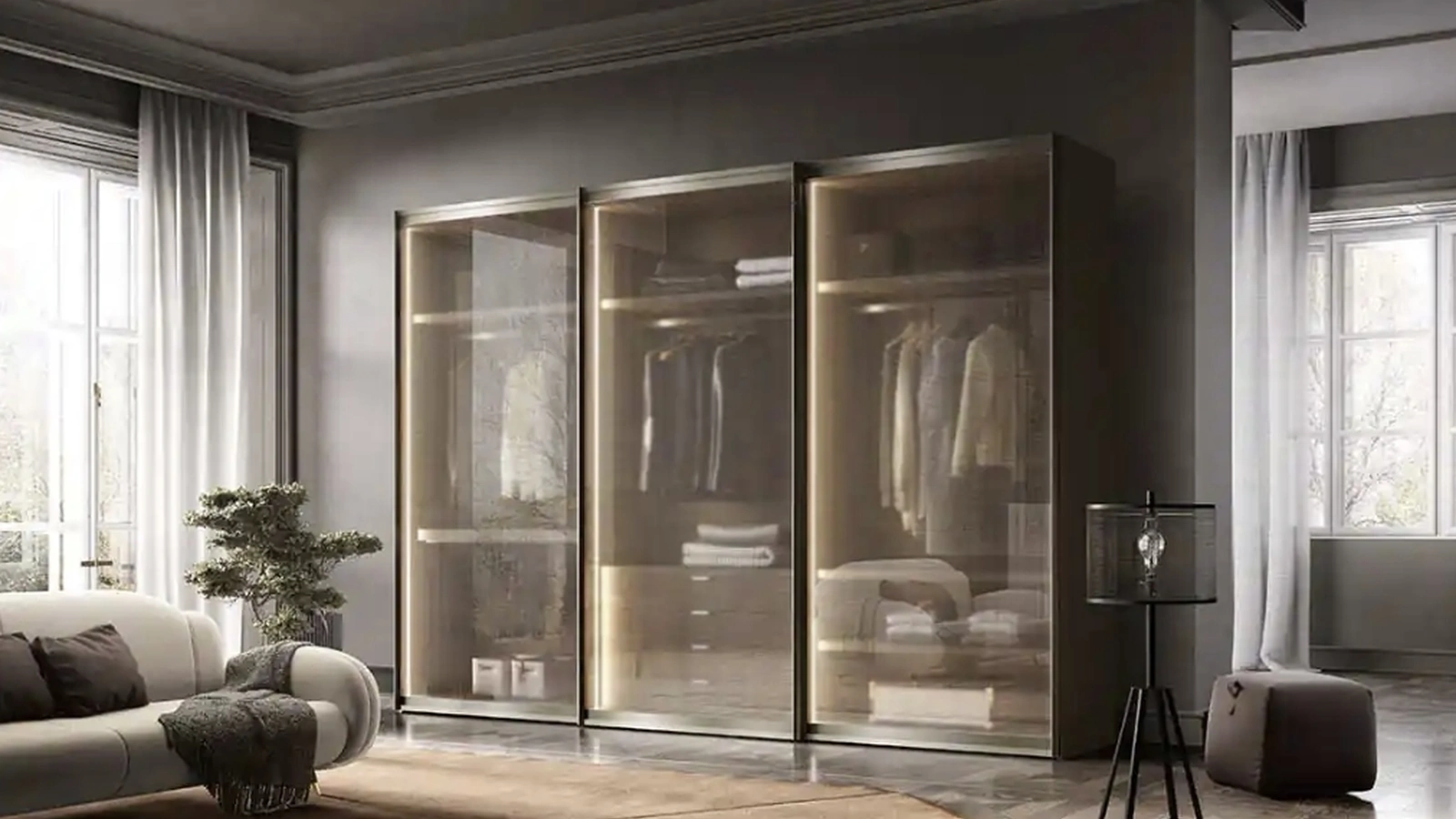 Armadio con ante scorrevoli Foehn S186 in vetro garzato di Moretti Compact Giorno Notte