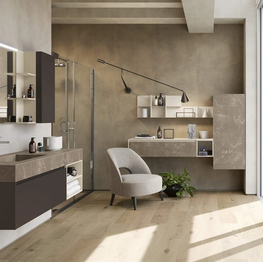 Mobile da Bagno sospeso 3Punto0 100 con top in HPL e base in Fenix cacao orinoco di Rab Arredobagno