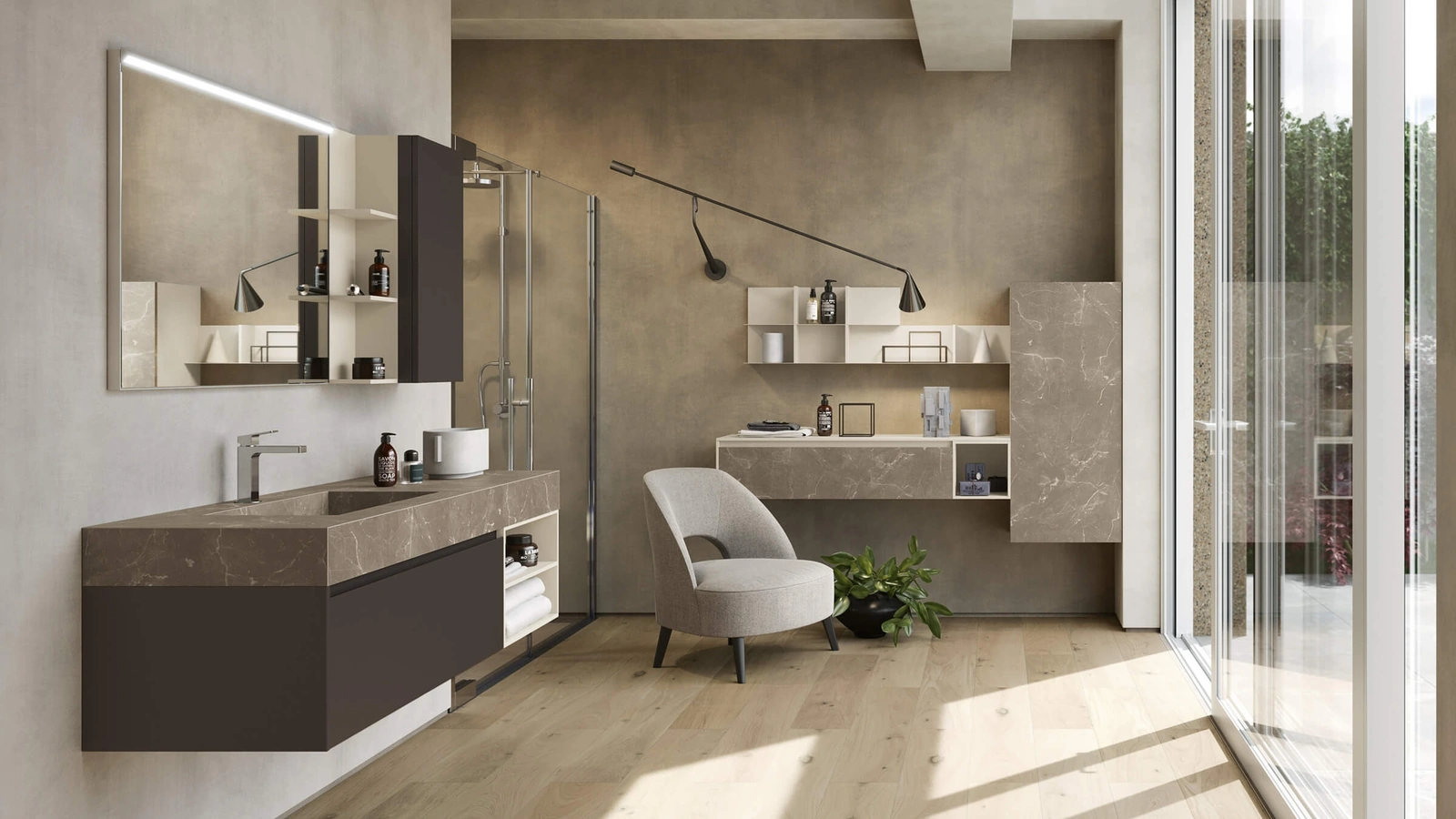 Mobile da Bagno sospeso 3Punto0 100 con top in HPL e base in Fenix cacao orinoco di Rab Arredobagno