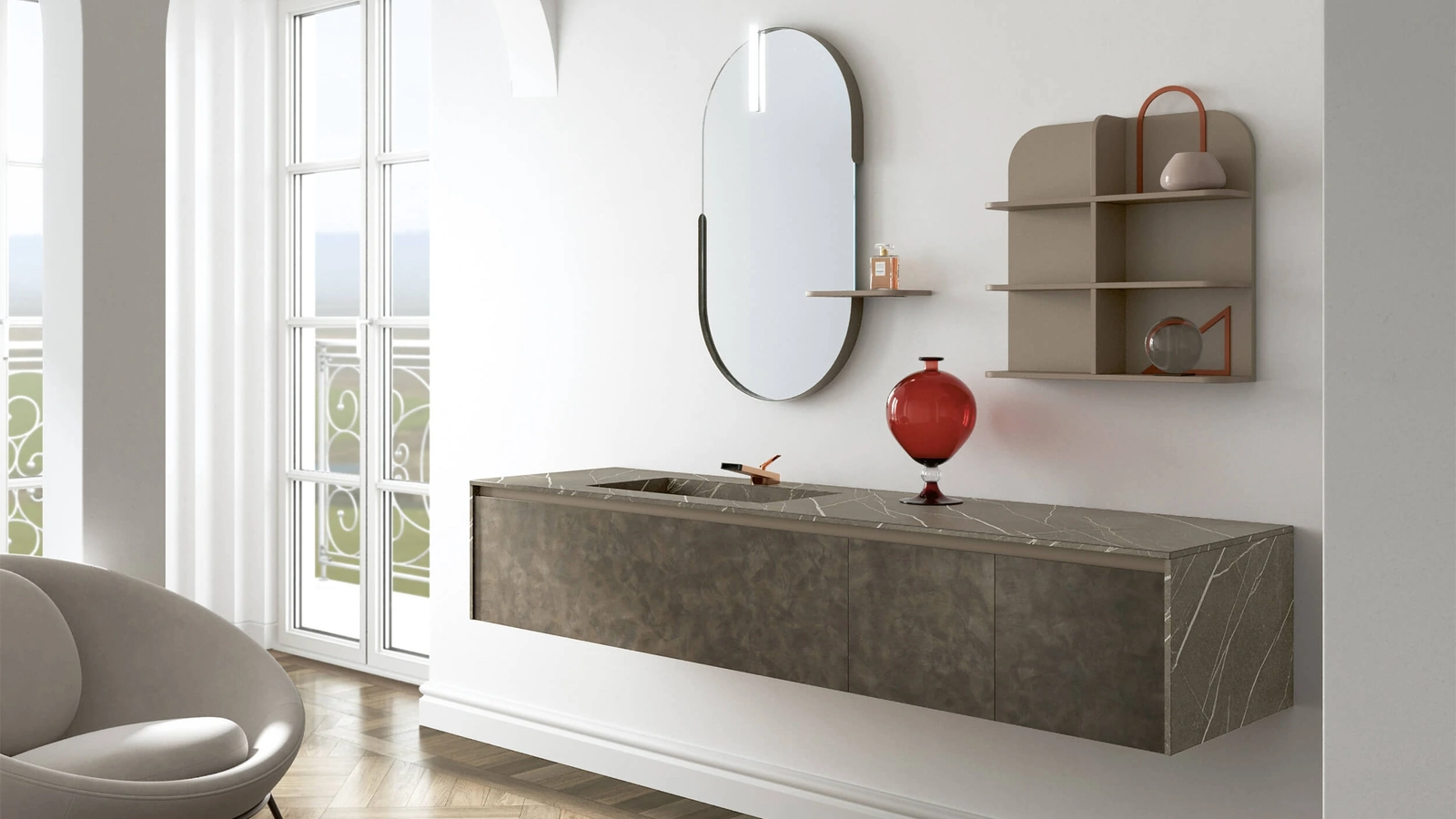 Mobile da Bagno 3Punto0 101 in HPL Selce per il top e Brunito per i frontali di Rab Arredobagno