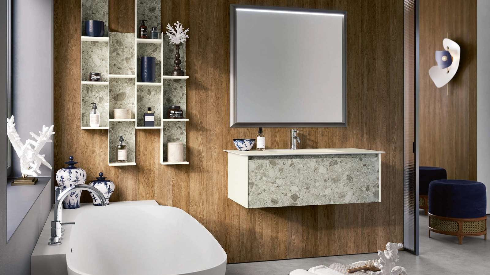 Mobile da Bagno sospeso 3Punto0 109 in HPL Palladiana e laccato bianco opaco con top in Fenix bianco di Rab Arredobagno