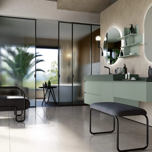 Mobile da Bagno sospeso 3Punto0 110 in laccato ceruleo touch e top in Fenix verde Rab Arredobagno