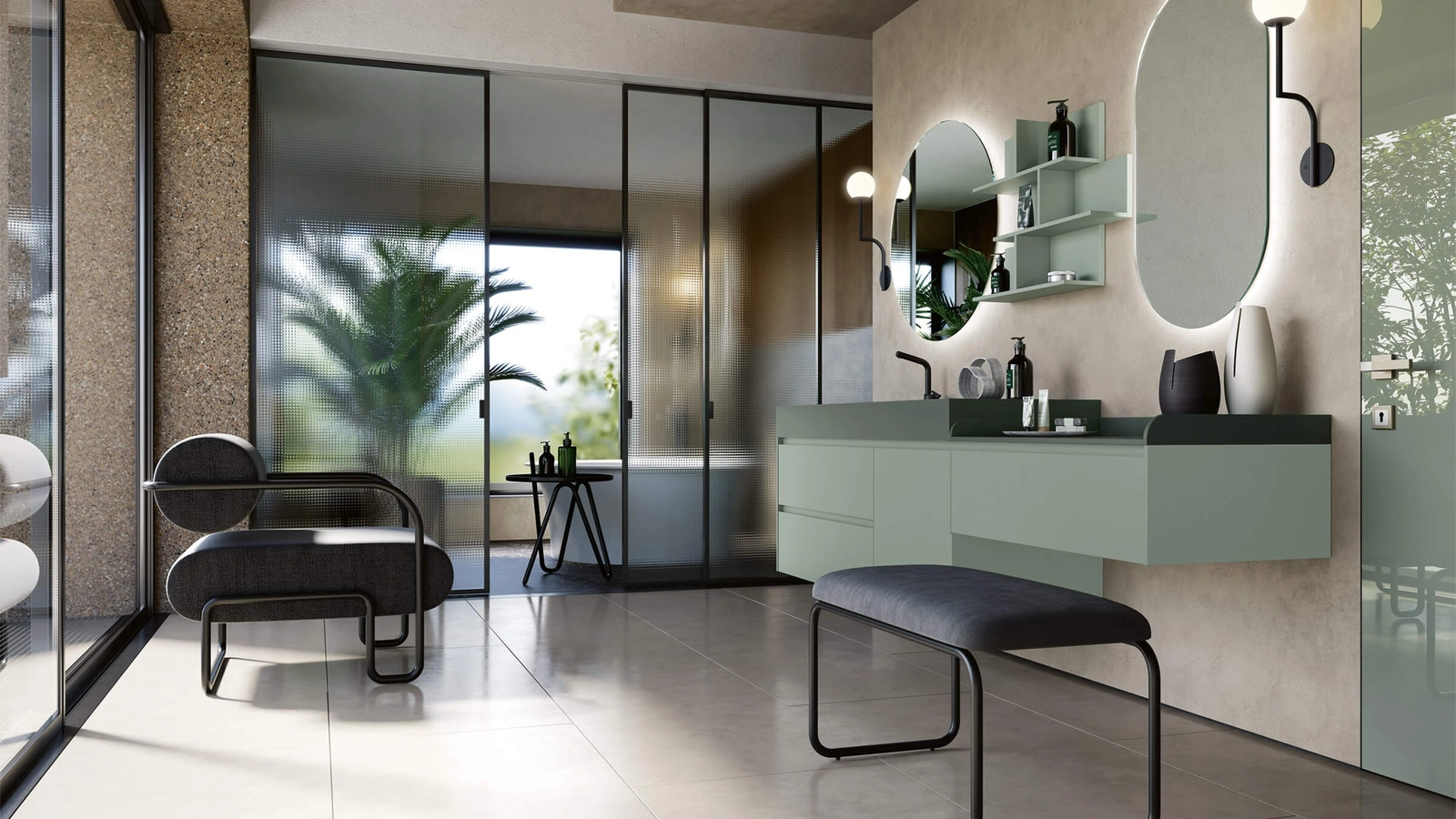 Mobile da Bagno sospeso 3Punto0 110 in laccato ceruleo touch e top in Fenix verde Rab Arredobagno