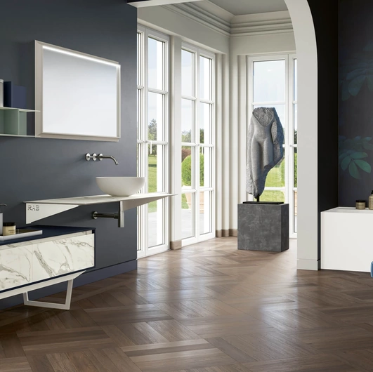 Mobile da Bagno a terra 3Punto0 111 in HPL statuario e Fenix bluriva con base in metallo laccato bianco di Rab Arredobagno