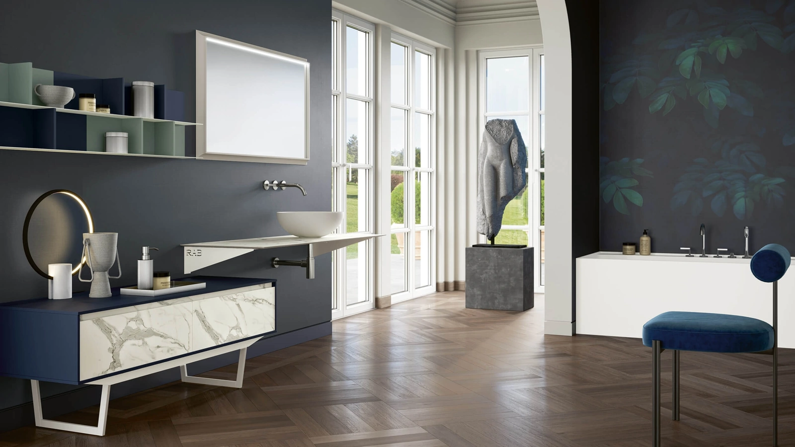 Mobile da Bagno a terra 3Punto0 111 in HPL statuario e Fenix bluriva con base in metallo laccato bianco di Rab Arredobagno