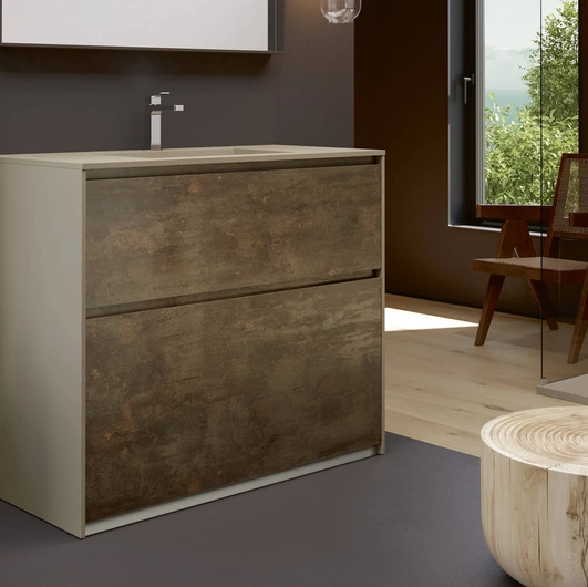 Mobile da Bagno a terra 3Punto0 113 in HPL Corten e laccato sabbia touch con top Mineralux stone con vasca integrata di Rab Arredobagno