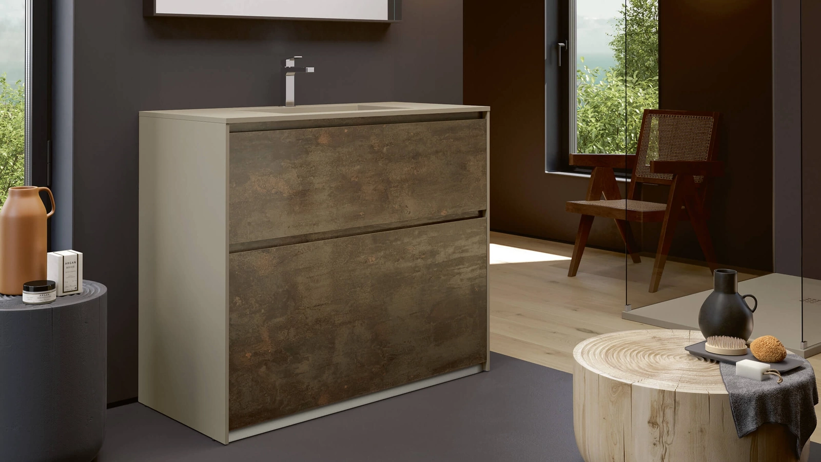 Mobile da Bagno a terra 3Punto0 113 in HPL Corten e laccato sabbia touch con top Mineralux stone con vasca integrata di Rab Arredobagno