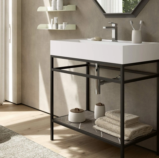 Mobile da Bagno a terra 3Punto0 114 in metallo verniciato nero e paino in HPL Selce con lavabo Mineralux bianco opaco di Rab Arredobagno