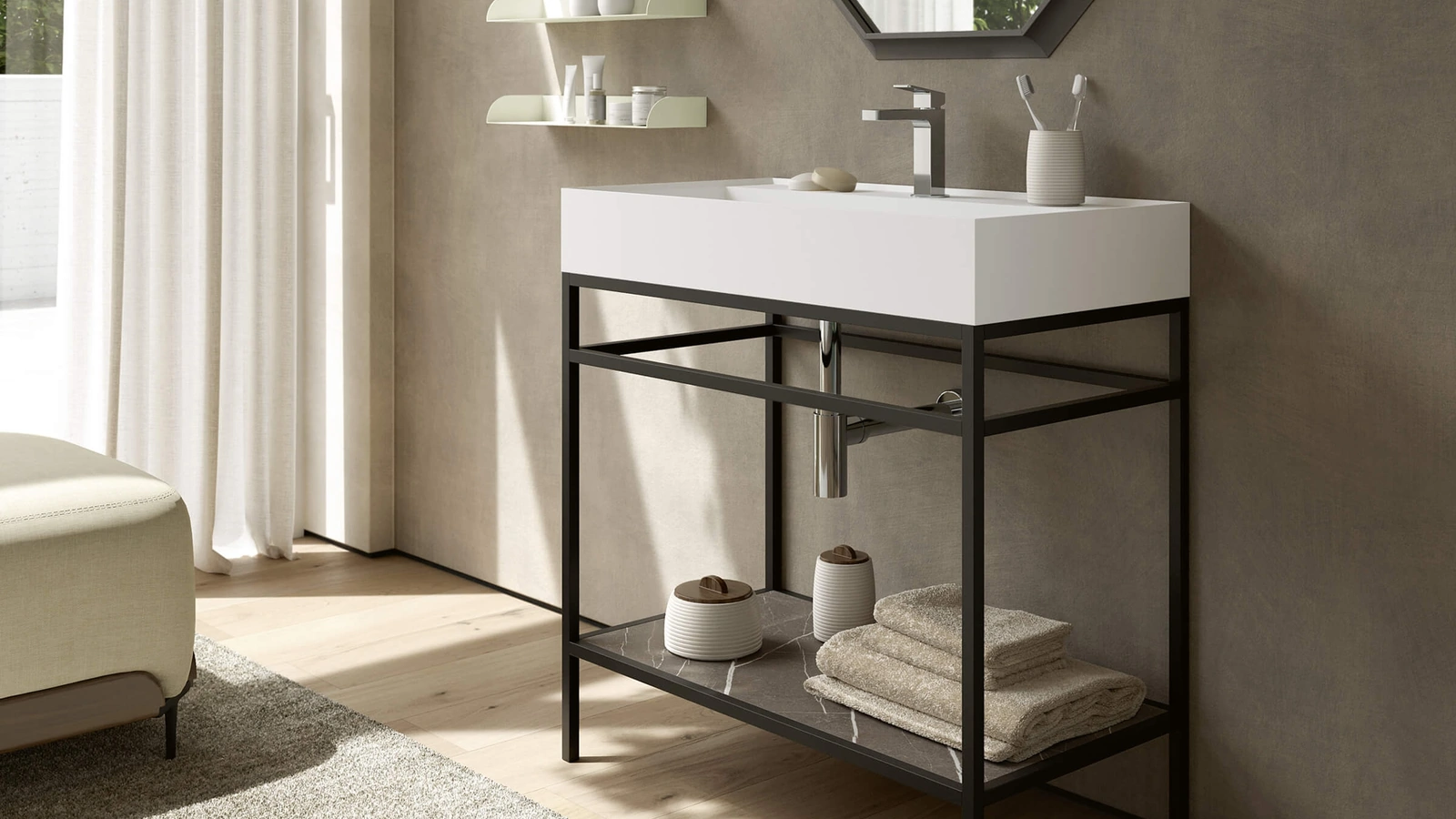 Mobile da Bagno a terra 3Punto0 114 in metallo verniciato nero e paino in HPL Selce con lavabo Mineralux bianco opaco di Rab Arredobagno