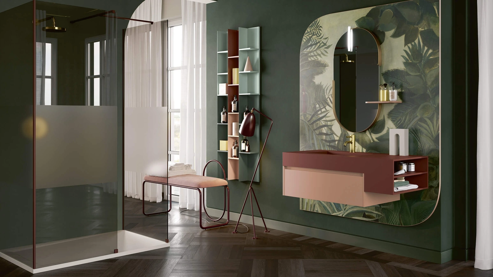 Mobile da Bagno sospeso 3Punto0 115 in laccato pesca touch e top in Fenix rosso Jaipur di Rab Arredobagno