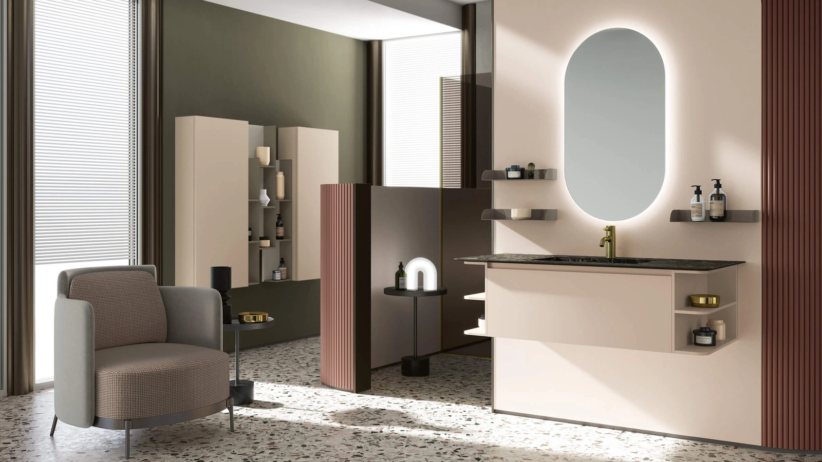 Mobile da Bagno sospeso 3Punto0 118 in laccato nude opaco e top in HPL di Rab Arredobagno