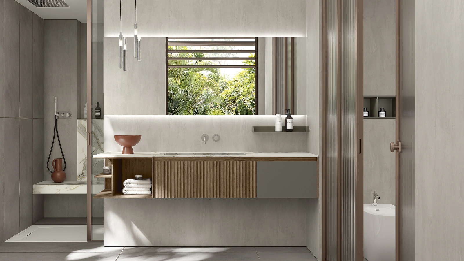 Mobile da Bagno Blend 605 in noce canaletto e laccato fango di Rab Arredobagno