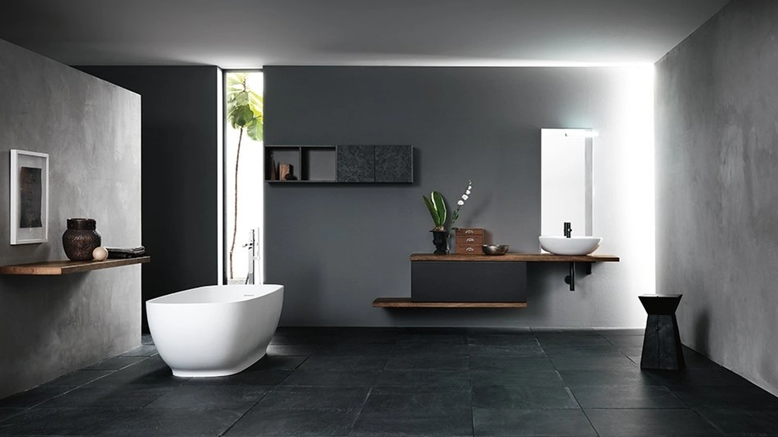 Mobile da Bagno sospeso in rovere e nobilitato Ardesia con lavabo in ceramica INK NK03 di Compab