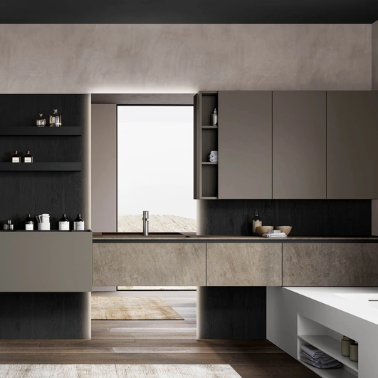 Mobile da Bagno sospeso Facto 02 in gres, laccato ed essenza rovere di Birex