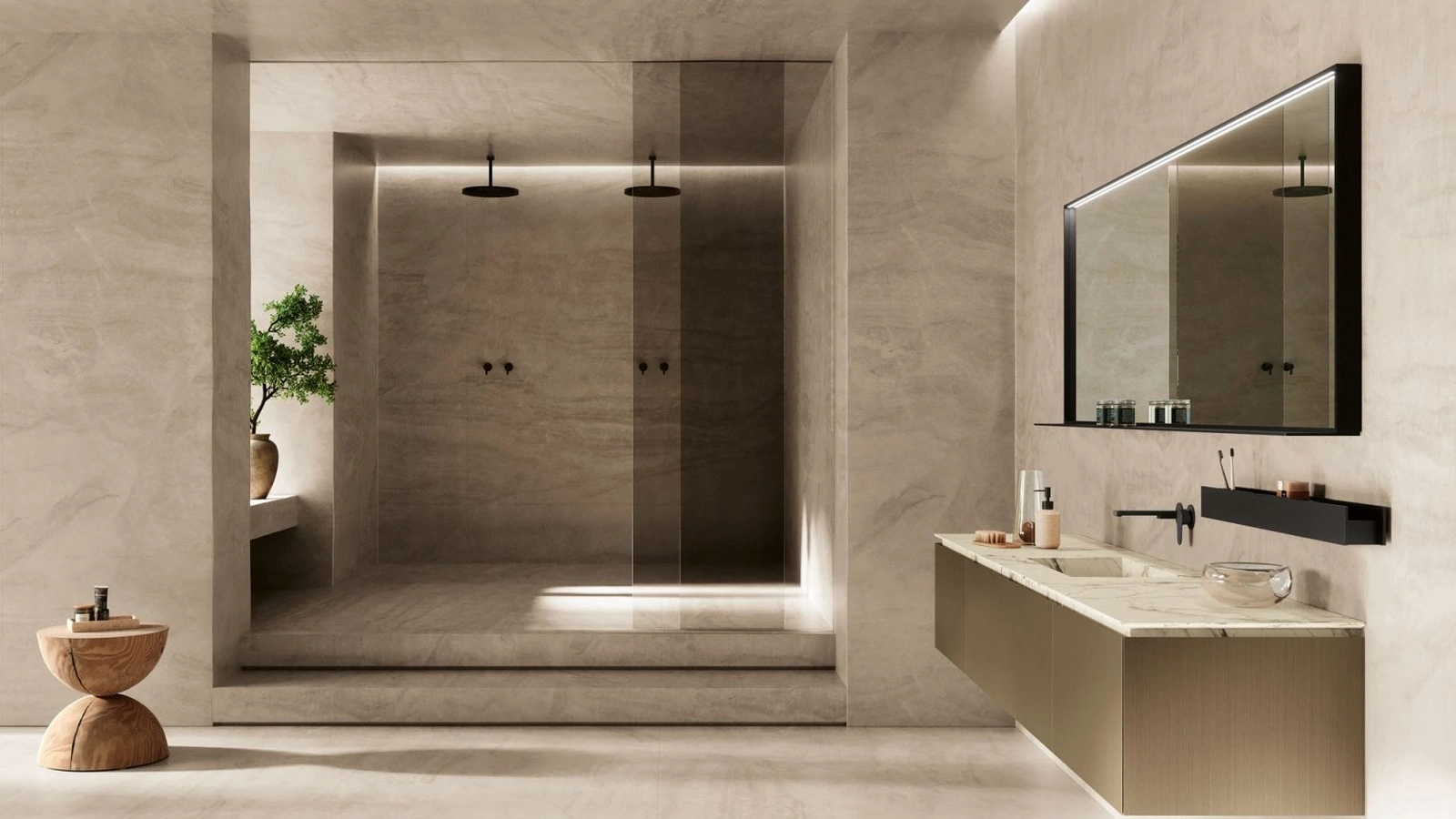 Mobile da Bagno sospeso Kyton 06 in laccato satinato e marmo di Nova Cucina