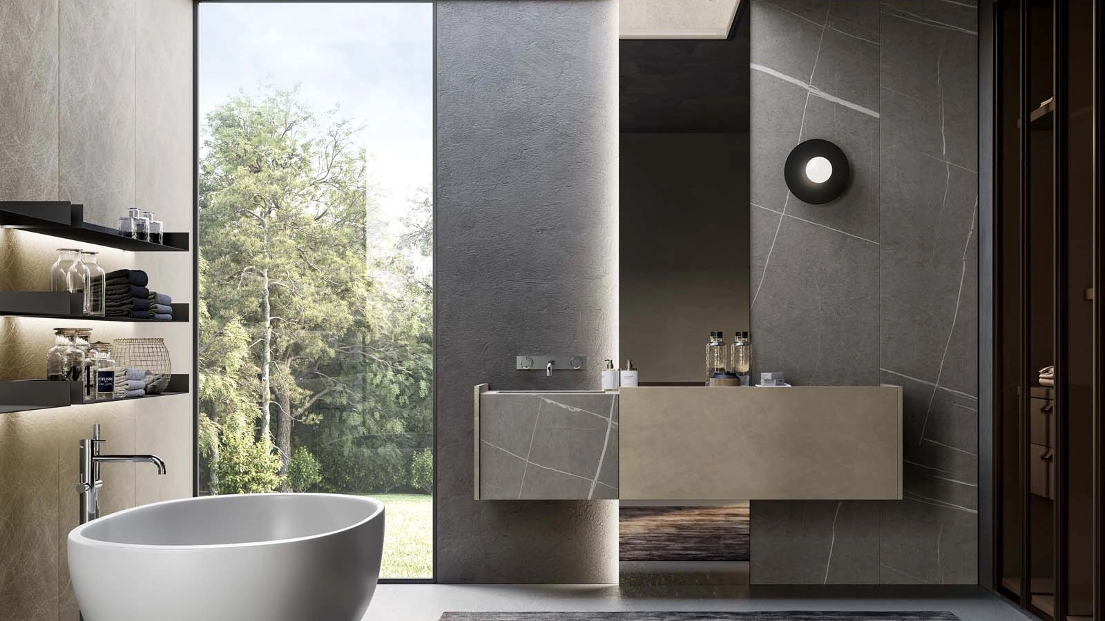 Mobile da Bagno sospeso in laccato metallico nichel e gres Senda grigio Major 05 di Birex