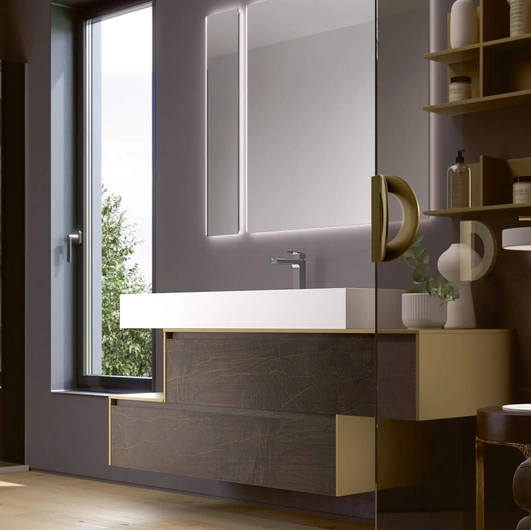 Mobile da Bagno sospeso 3Punto0 106 con frontali in HPL gold e Top, fianchi ed elementi a giorno laccati Sabbia metallizzato opaco di Rab Arredobagno