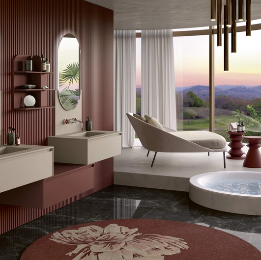 Mobile da Bagno sospeso 3Punto0 117 in laccato rosso Jaipur touch e Fenix beige Arizona di Rab Arredobagno