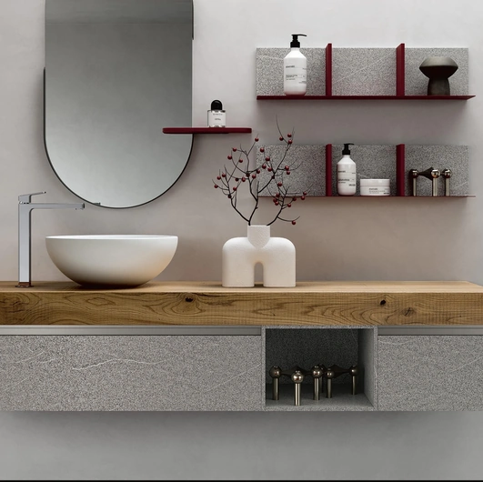 Mobile da Bagno sospeso Soul Wood 106 con base in pietra Piacentina cenere e top in Quercia di Rab Arredobagno
