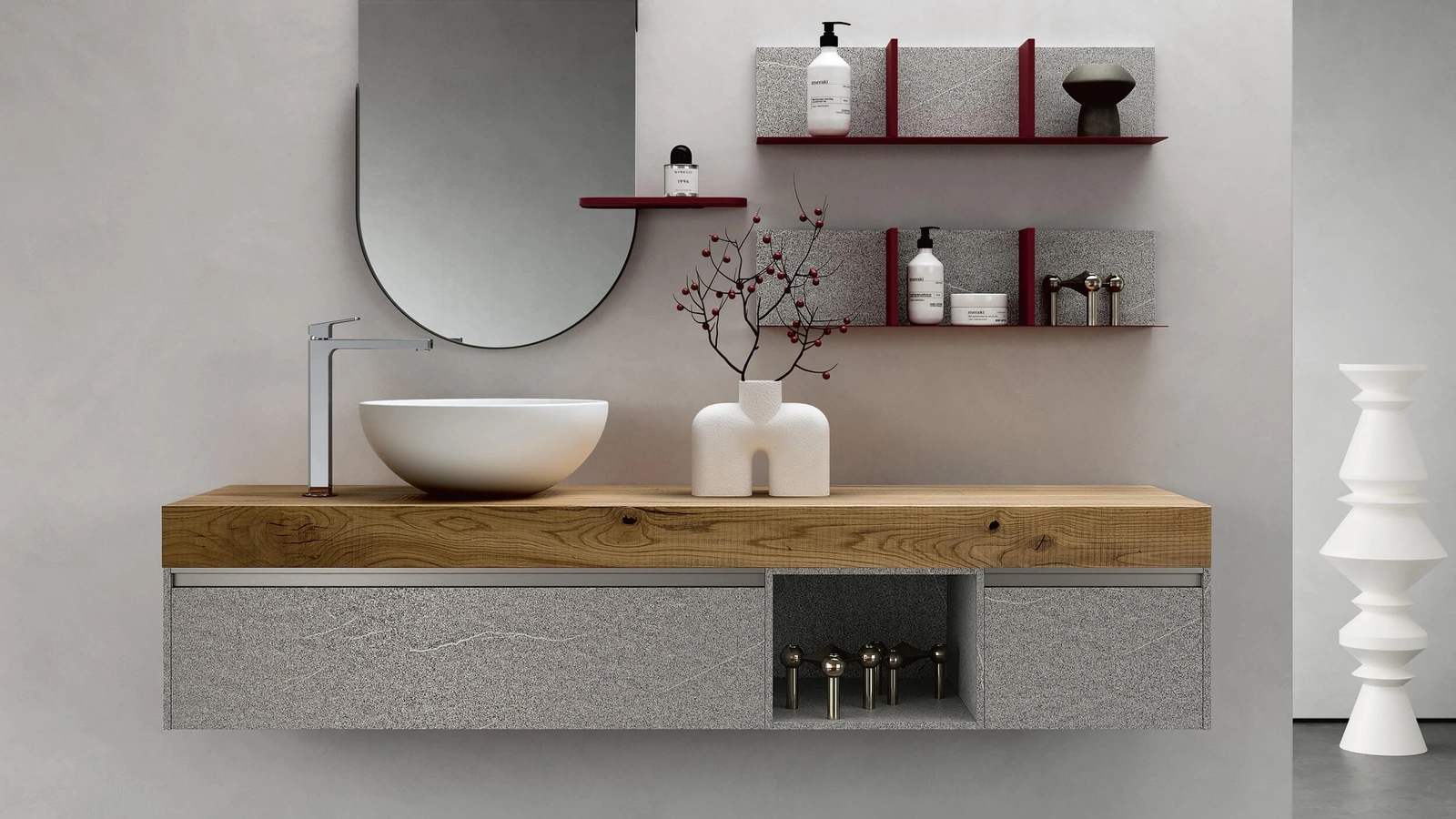 Mobile da Bagno sospeso Soul Wood 106 con base in pietra Piacentina cenere e top in Quercia di Rab Arredobagno