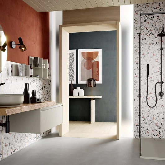 Mobile da Bagno sospeso Soul Wood 109 con base ed elementi a giorno in laccato Lino opaco e top in Rovere massellato di Rab Arredobagno