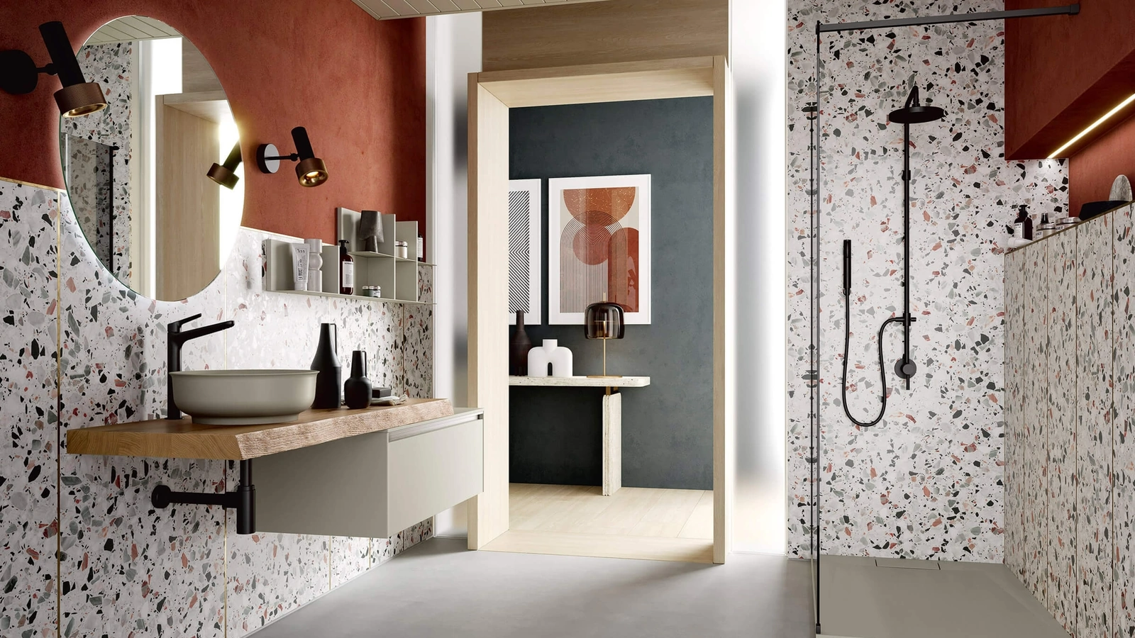 Mobile da Bagno sospeso Soul Wood 109 con base ed elementi a giorno in laccato Lino opaco e top in Rovere massellato di Rab Arredobagno