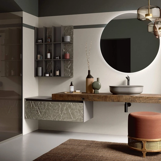 Mobile da Bagno sospeso Soul Wood 110 con top in Ascia e frontale cassetto in HPL beige antico di Rab Arredobagno