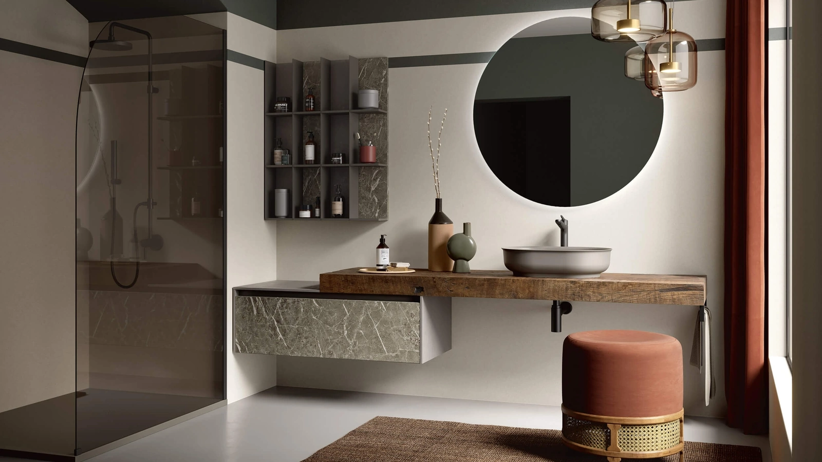 Mobile da Bagno sospeso Soul Wood 110 con top in Ascia e frontale cassetto in HPL beige antico di Rab Arredobagno