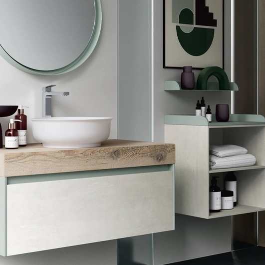 Mobile da Bagno sospeso Soul Wood 119 con top in legno Old saponato e frontale in materico Talco di Rab Arredobagno