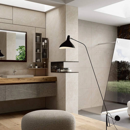 Mobile da Bagno sospeso Soul Wood 123 in Quercia e pietra Piacentina grigia di Rab Arredobagno