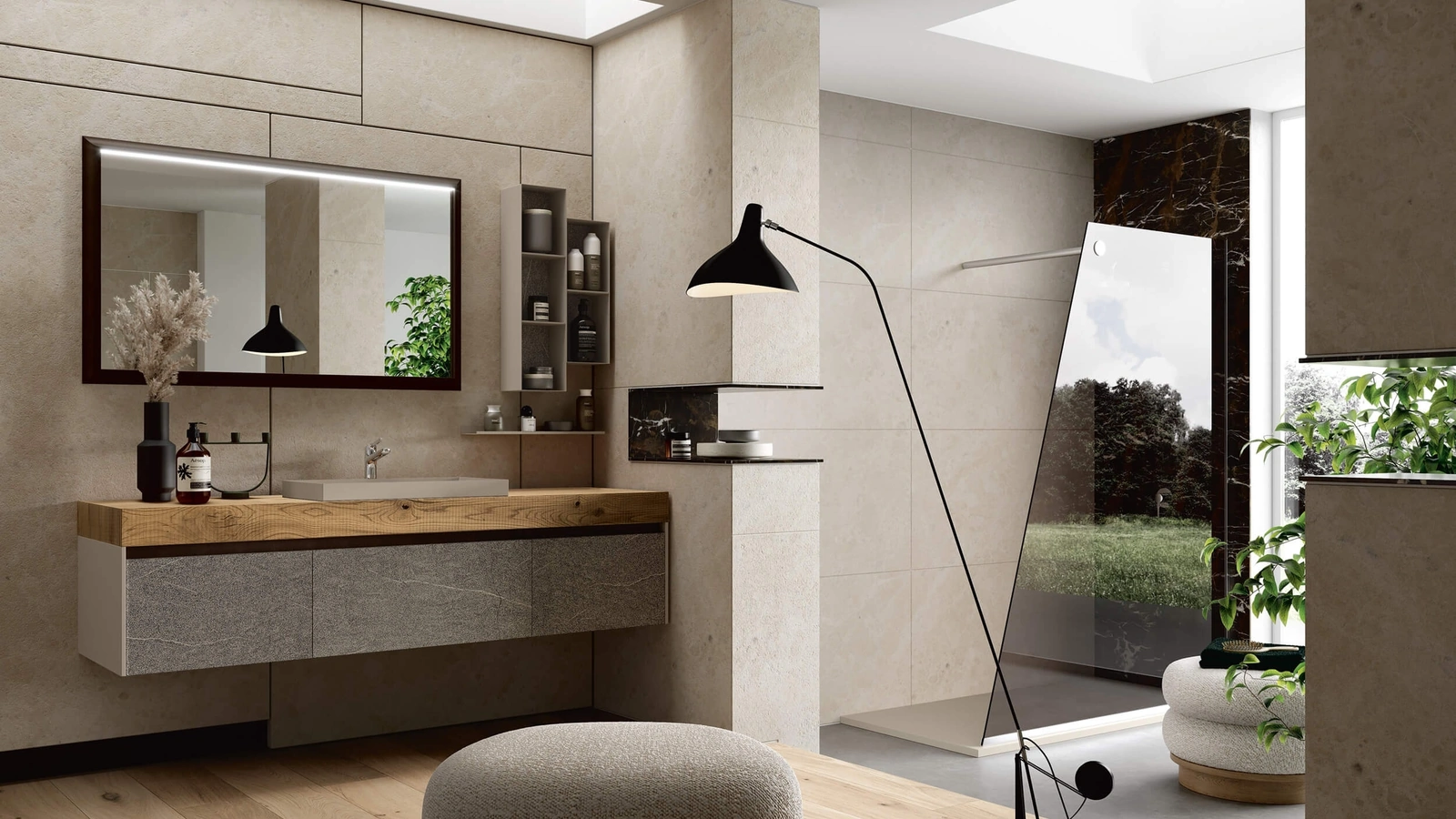 Mobile da Bagno sospeso Soul Wood 123 in Quercia e pietra Piacentina grigia di Rab Arredobagno