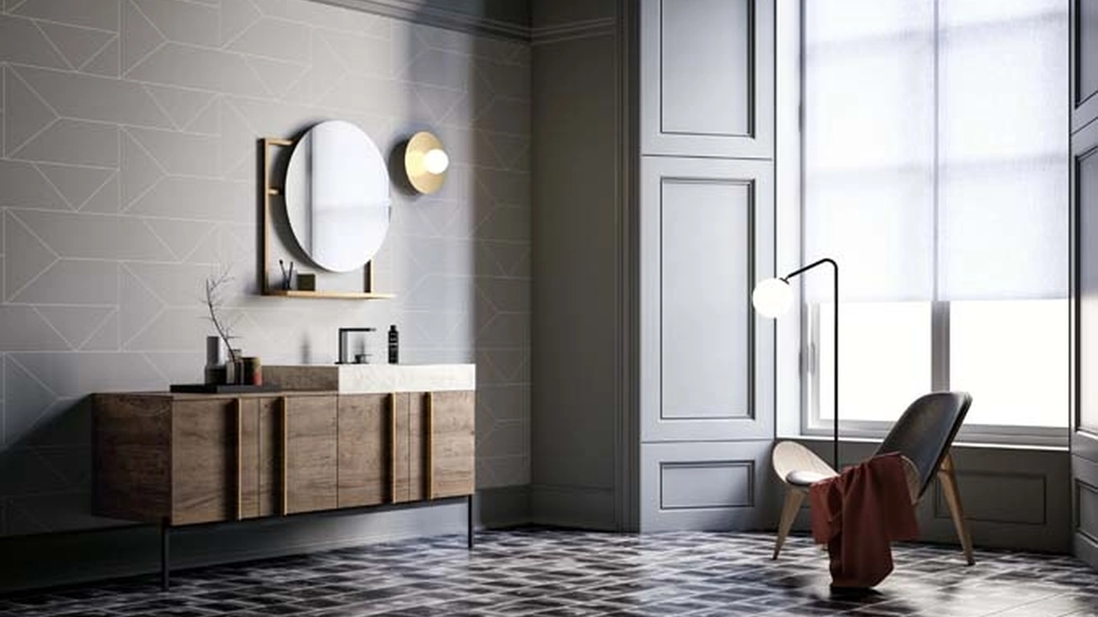 Mobile da Bagno a terra in essenza rovere con top in gres effetto marmo Sidero 01 di Birex