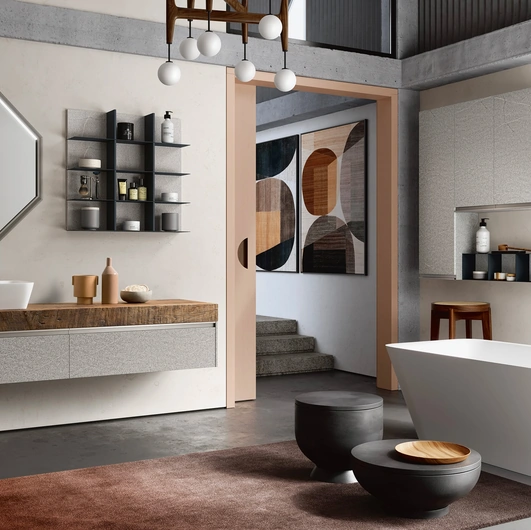 Bagno sospeso Soul Wood 100 con top in legno massello di Ascia recuperato di Rab Arredobagno