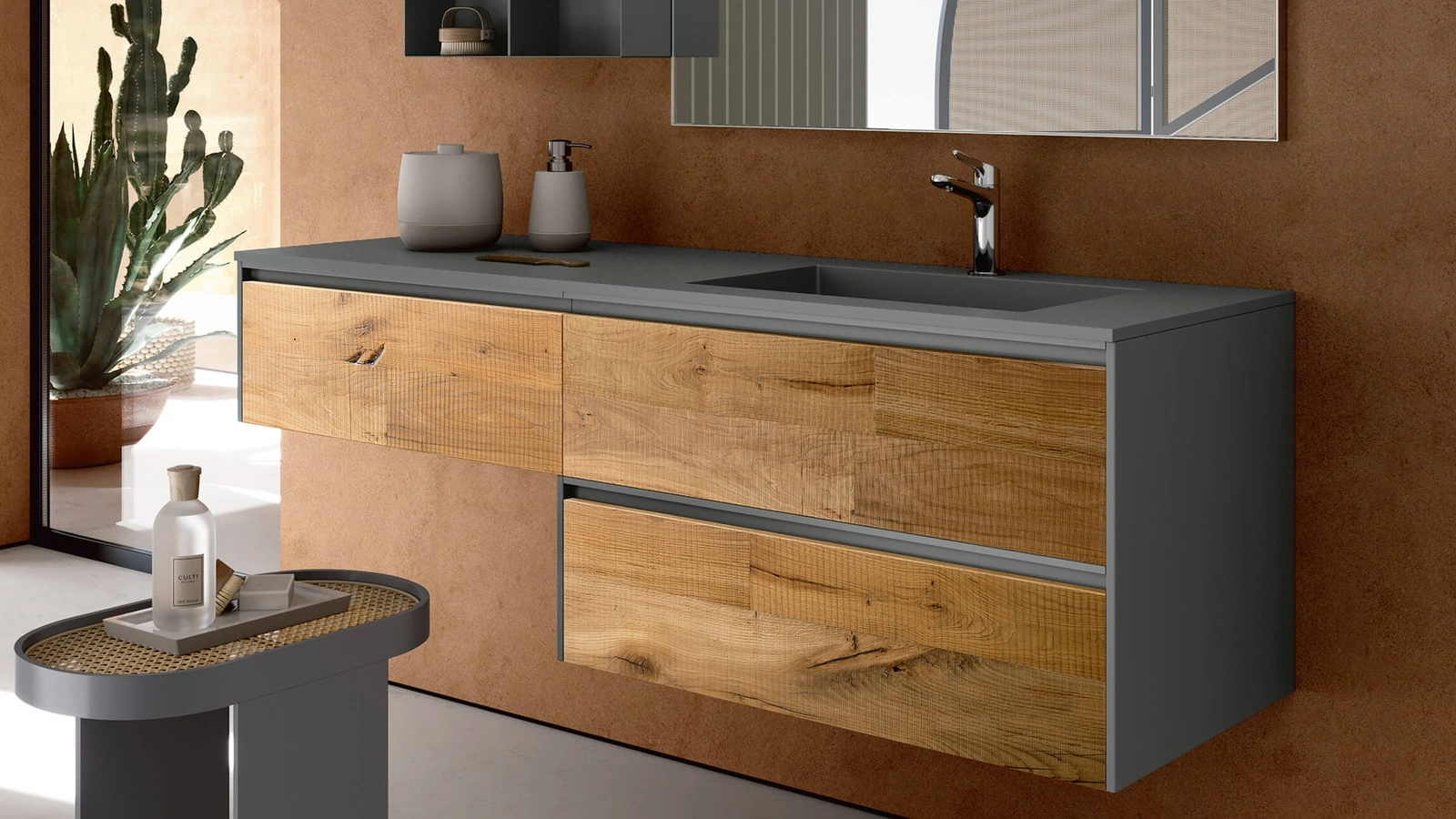 Mobile da Bagno sospeso Soul Wood 102 con frontali in Quercia, fianchi, pensile, vano a giorno e maniglie in laccato Piombo Opaco di Rab Arredobagno