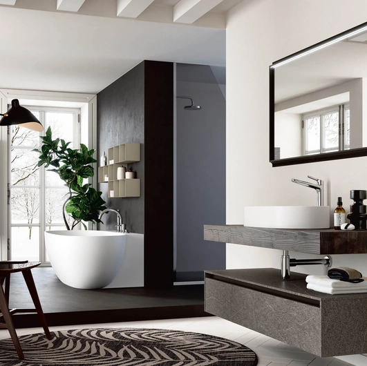 Mobile da Bagno sospeso Soul Wood 103 con top in Abete nero con lavabo in ceramica. basi in pietra Piacentina grigia di Rab Arredobagno