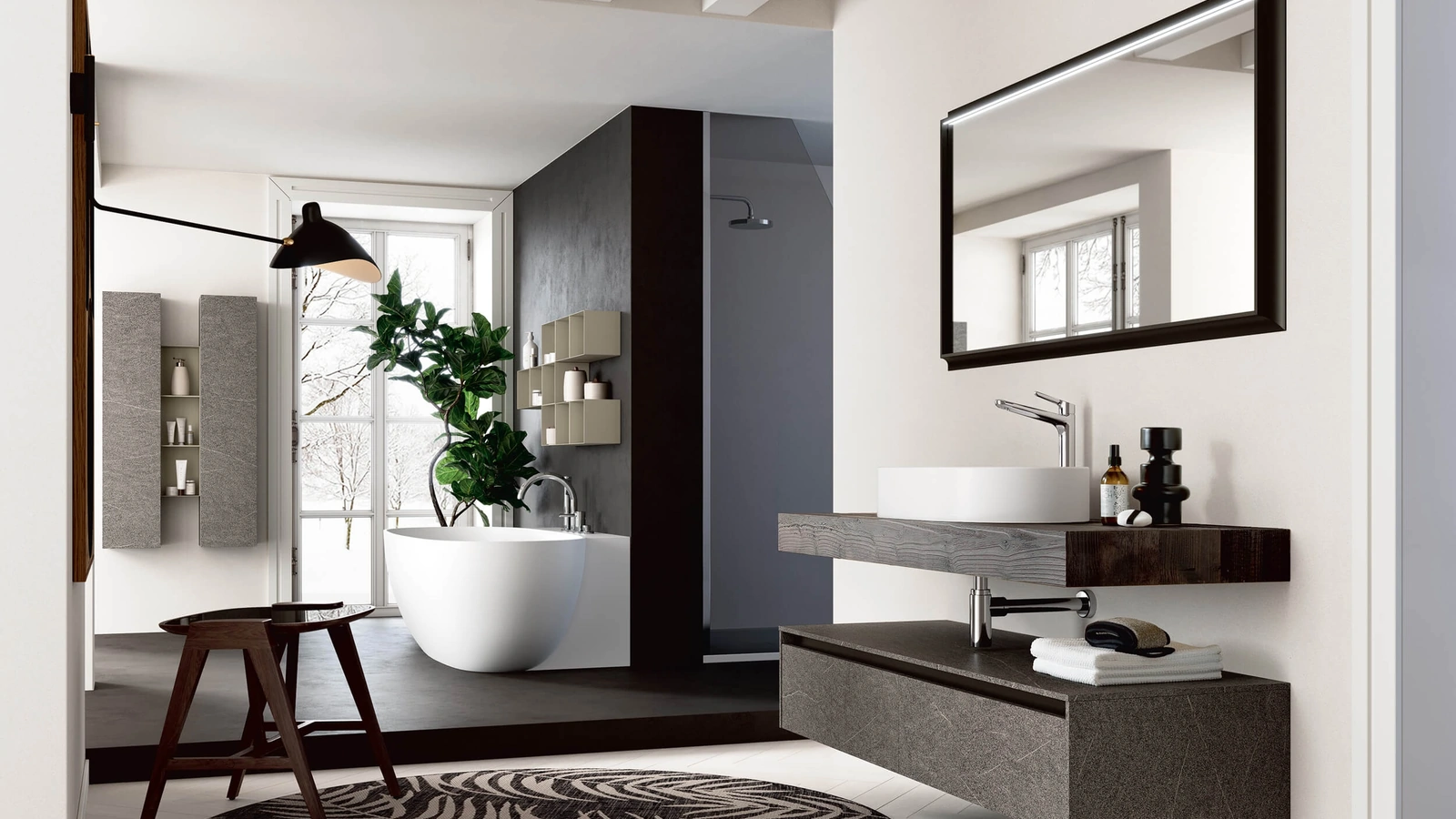 Mobile da Bagno sospeso Soul Wood 103 con top in Abete nero con lavabo in ceramica. basi in pietra Piacentina grigia di Rab Arredobagno