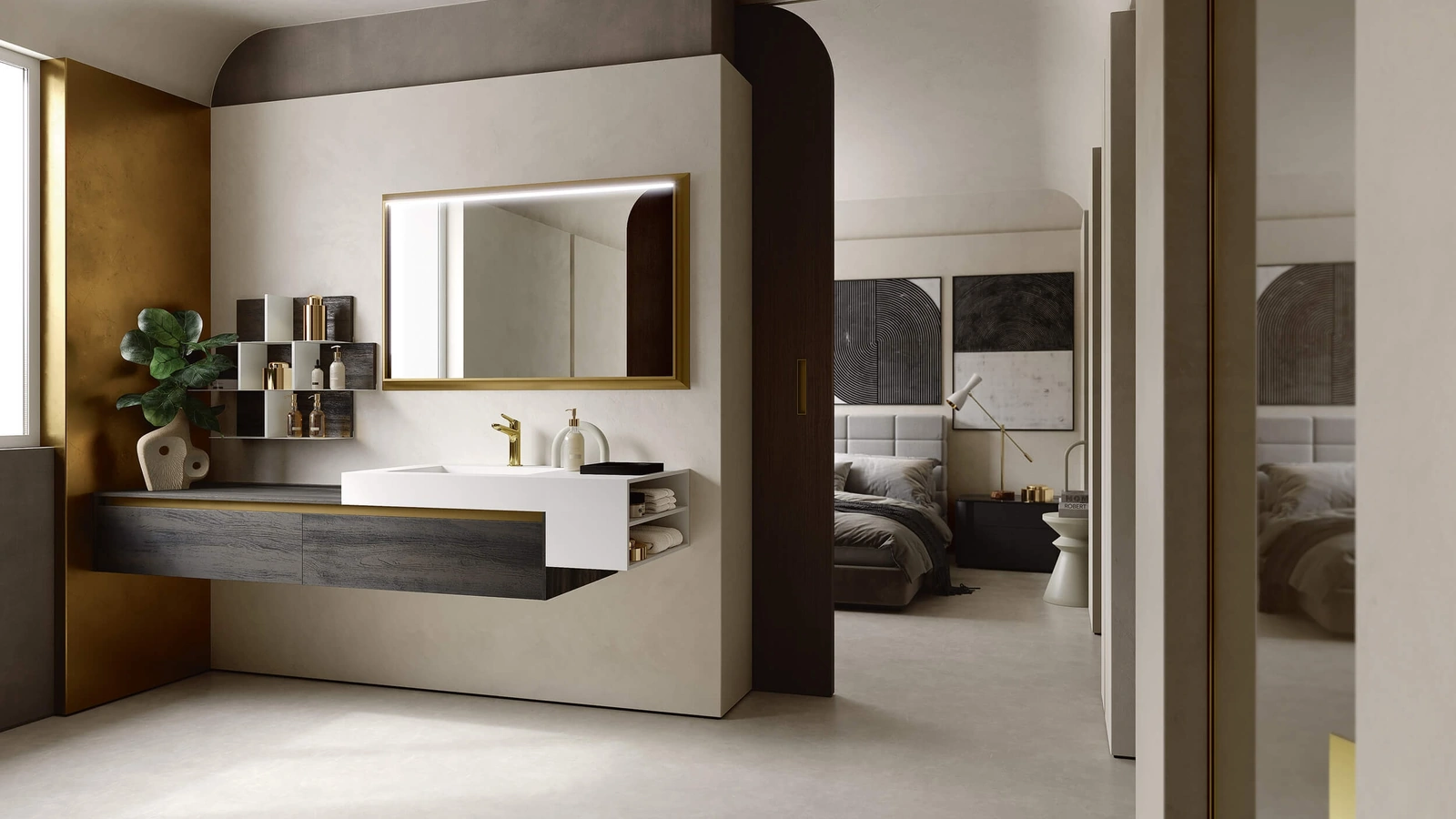 Mobile da Bagno sospeso Soul Wood 104 in Rovere bruciato e gola in ottone metallizzato, Top in Tecnoril bianco opaco di Rab Arredobagno