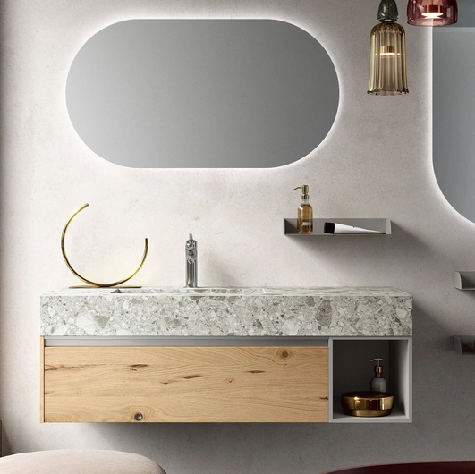 Mobile da Bagno sospeso Soul Wood 107 in Rovere Nodato con top in HPL Palladiana di Rab Arredobagno