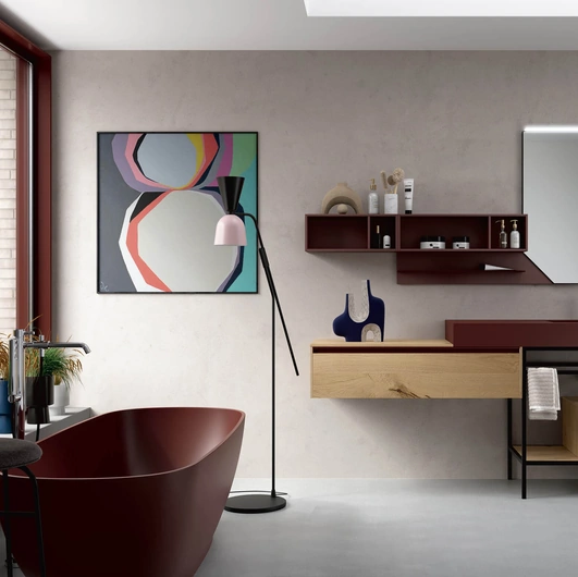 Mobile da Bagno a terra Soul Wood 108 in Rovere nodato con top in Fenix rosso Jaipur e struttura in metallo nero opaco di Rab Arredobagno