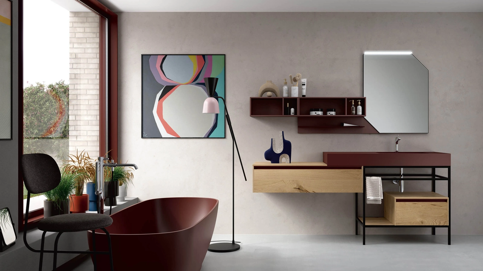 Mobile da Bagno a terra Soul Wood 108 in Rovere nodato con top in Fenix rosso Jaipur e struttura in metallo nero opaco di Rab Arredobagno