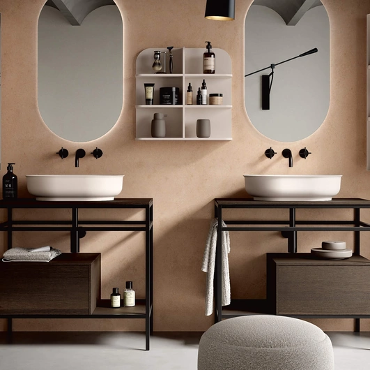Mobile da Bagno a terra Soul Wood 112 con struttura in metallo nero opaco. basi, top e ripiani in Rovere termocotto di Rab Arredobagno