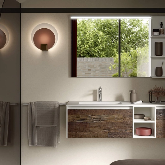 Mobile da Bagno sospeso Soul Wood 113 con frontali in Ascia e laccato bianco di Rab Arredobagno