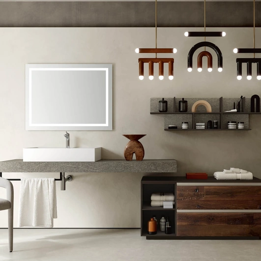 Mobile da Bagno a terra Soul Wood 114 con frontali in Larice e top in pietra Piacentina di Rab Arredobagno