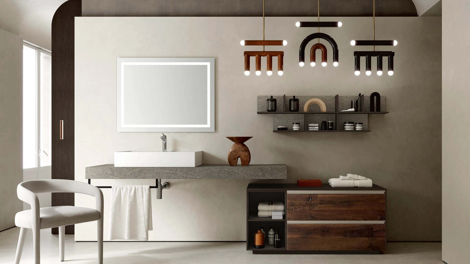 Mobile da Bagno a terra Soul Wood 114 con frontali in Larice e top in pietra Piacentina di Rab Arredobagno