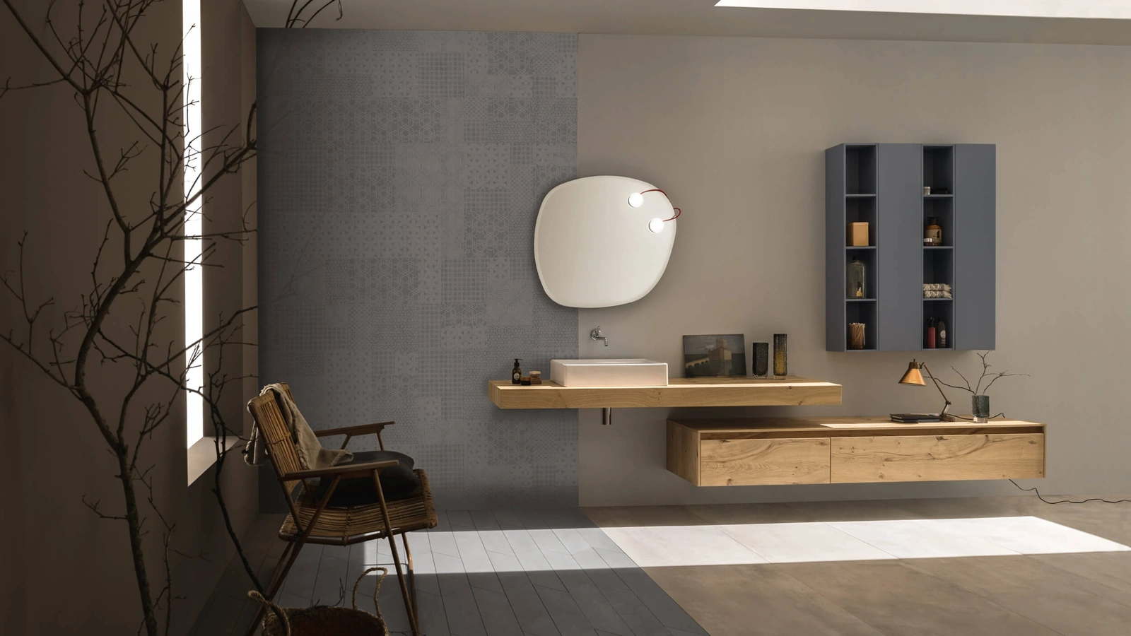 Mobile da Bagno sospeso Soul Wood 117 in Rovere nodato con lavabo in ceramica di Rab Arredobagno