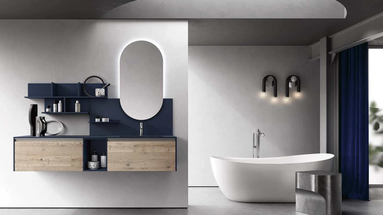 Mobile da Bagno sospeso Soul Wood 120 in legno Old saponato e laccato opaco con top in Fenix di Rab Arredobagno