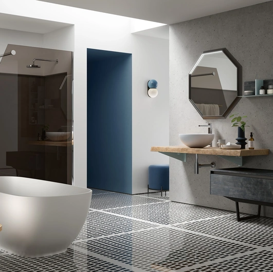 Bagno a terra Soul Wood 121 con top in rovere massellato e base in Basalto su panca in metallo di Rab Arredobagno