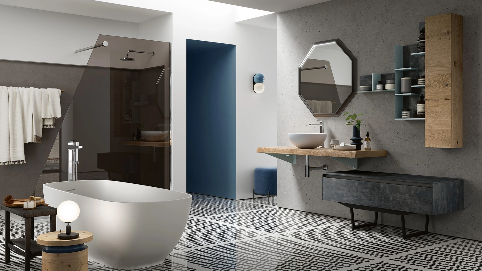 Bagno a terra Soul Wood 121 con top in rovere massellato e base in Basalto su panca in metallo di Rab Arredobagno