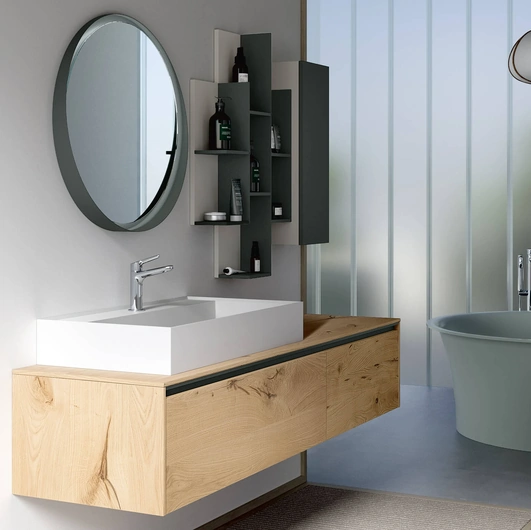 Mobile da Bagno sospeso Soul Wood 122 in Rovere nodato e lavabo in Mineralux di Rab Arredobagno